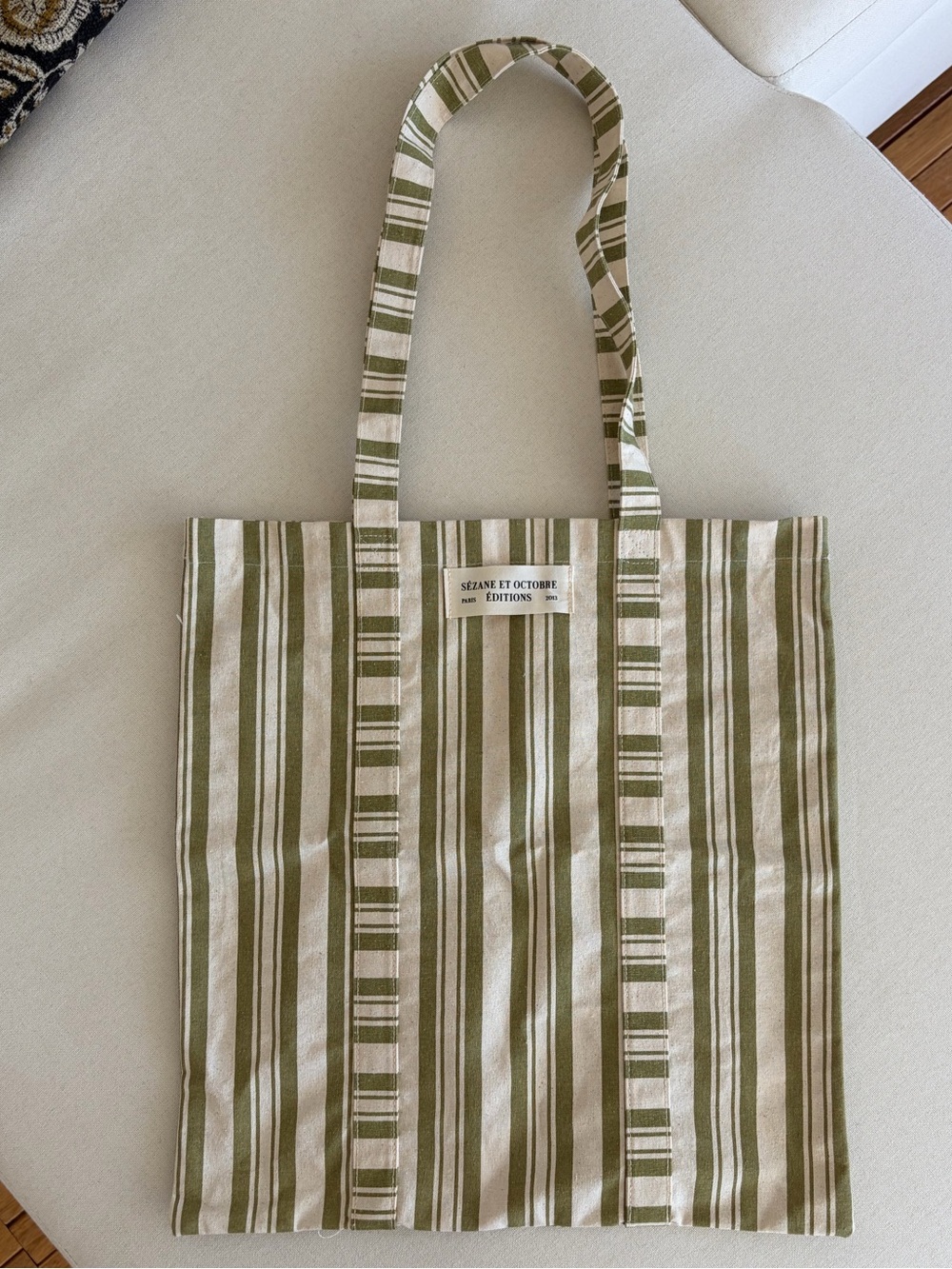 Sezane Olive & Cream Striped Canvas Tote Pre-Rebrand